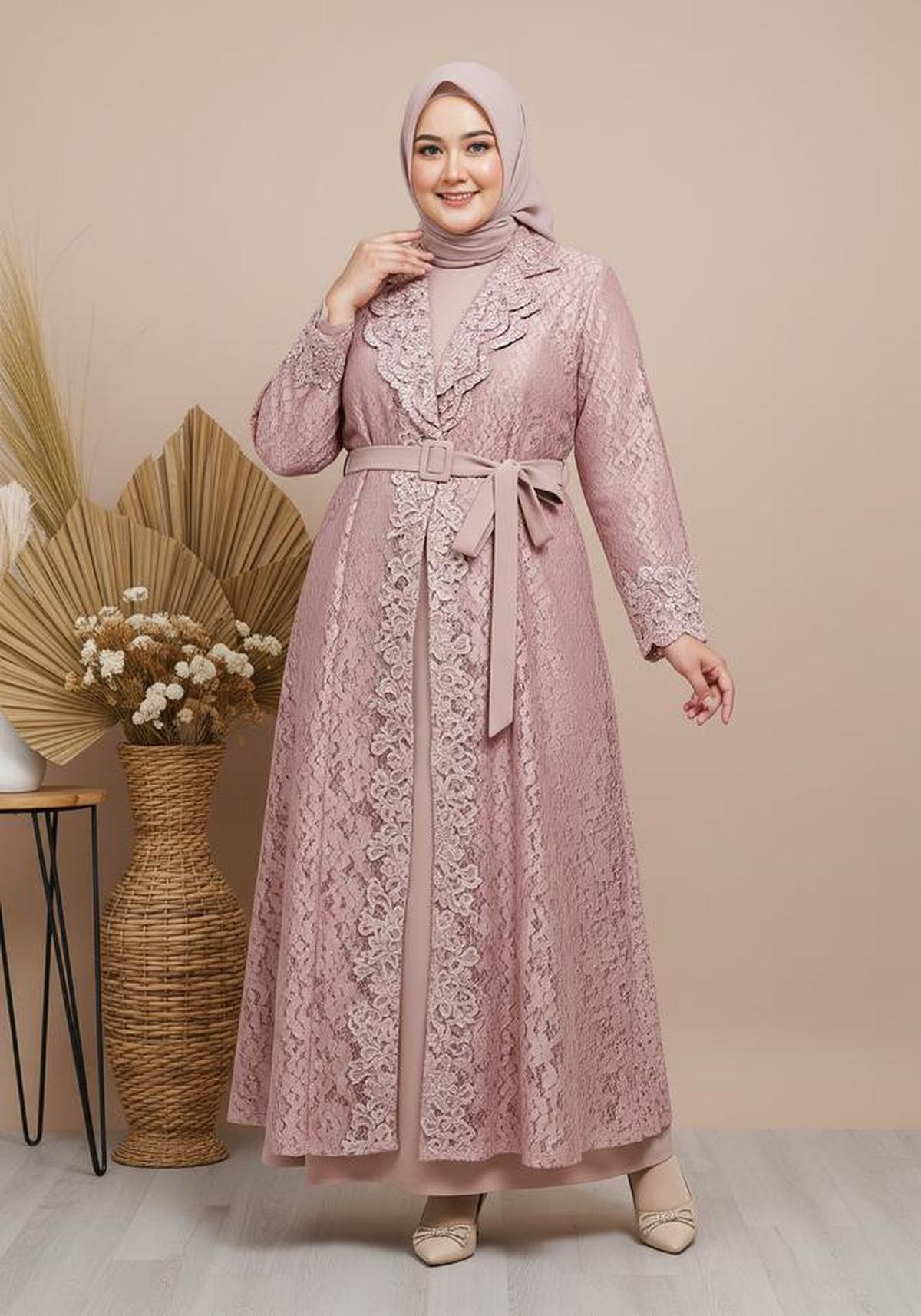 Gamis blazer brokat untuk wanita berhijab dengan tubuh gemuk