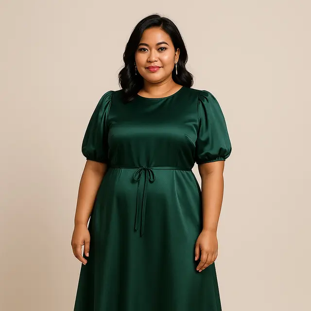 Model Baju Dress Modern Bahan Satin untuk Orang Gemuk (Foto: ChatGPT)