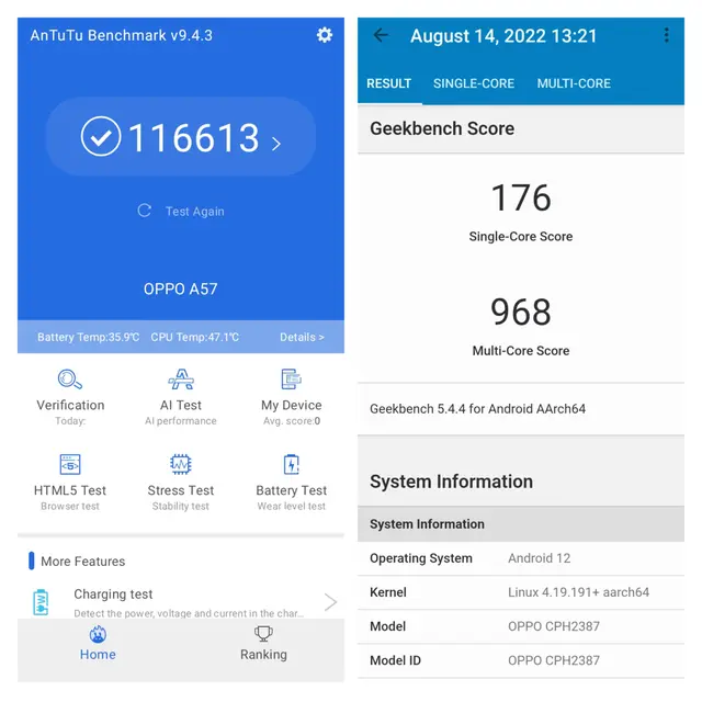 Skor AnTuTu (kiri) dan Geekbench (kanan) untuk Oppo A57