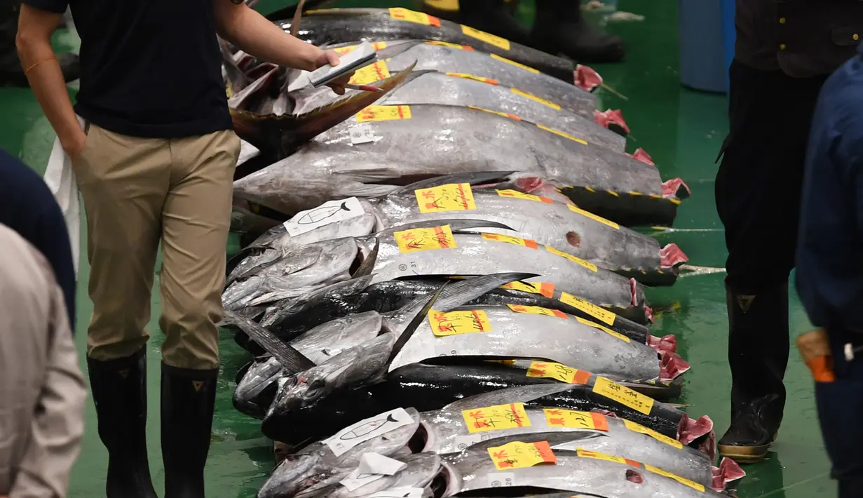 Aktivitas pelelangan ikan tuna pertama di pasar ikan Toyosu yang baru, pada hari pertama pembukaan di Tokyo, Kamis (11/9). Pasar ikan Toyosu menggantikan pasar ikan legendaris yang sudah mendunia, Pasar Tsukiji. (Toshifumi KITAMURA/AFP)