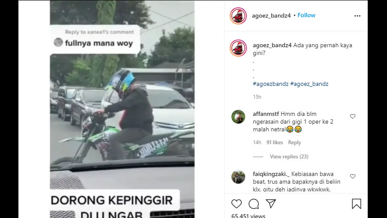Seperti dilansir akun Instagram @agoez_bandz4, Kamis (10/9/2020), terlihat seorang pengendara motor trail kesulitan mengontrol tarikan gas kendaraannya.