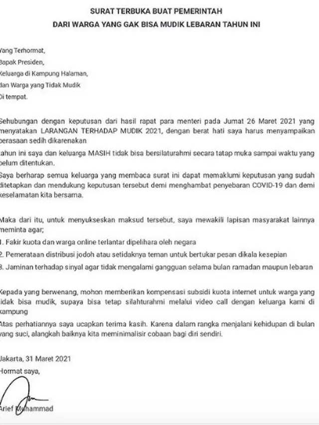 Surat terbuka Arief Muhammad tentang larangan mudik