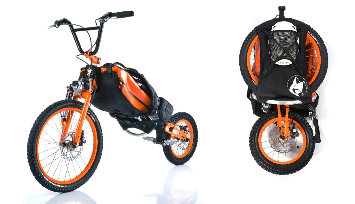 Tas sepeda lipat Bergmönch memiliki ukuran yang kecil dan ringan Beratnya 9.5kg. Sepeda ini juga mampu melipat dirinya sendiri dalam waktu kurang dari dua menit dalam konfigurasi yang nyaman. (whenonearth.net)
