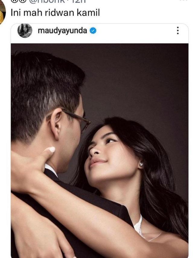Atalia Praratya mengunggah foto pre wedding Maudy Ayunda sedang memeluk seorang pria berkacamata dengan setelah jas berwarna hitam tapi tak jelas wajahnya.