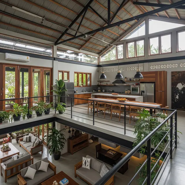 Model Rumah Mezzanine Atap Tinggi dengan Plafon Ekspos