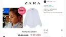 Nah, kemeja keluaran Zara ini cocok banget kamu pakai untuk ke kantor atau ke kampus. Dan untuk memiliki Poplin Shirt yang satu ini, Prilly hanya mengeluarkan uang sebesar Rp 133.196. (Instagram/prilly.closet)