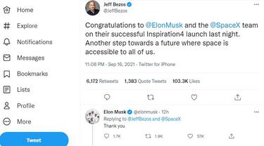 Tweet ucapan selamat Jeff Bezos atas keberhasilan SpaceX dan Elon Musk membawa empat warga sipil ke luar angkasa (Tangkapan Layar Twitter)