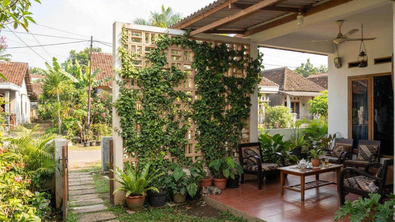 Inspirasi Teras Rumah dengan Roster dan Tanaman Rambat, Bikin Hunian Sejuk dan Estetik Model Persegi Panjang dengan Tanaman Ivy