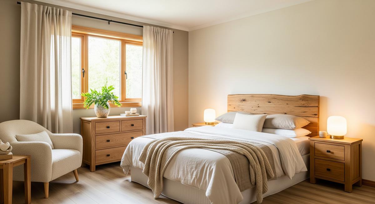 Kamar Tidur Kombinasi Cream dan Elemen Kayu