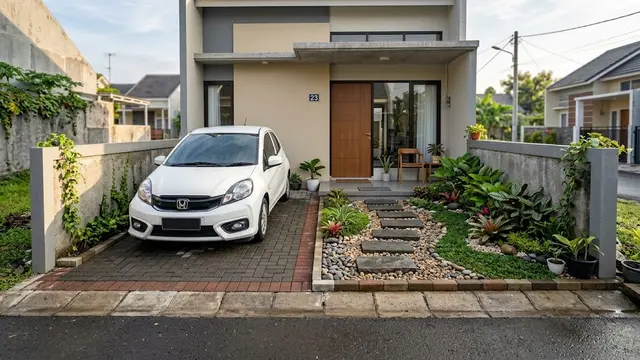 Desain Halaman Depan 3x4 Meter dengan Carport dan Taman Mini