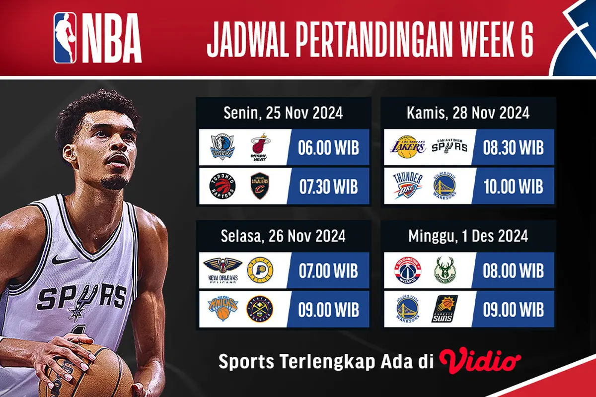Live Streaming Pertandingan NBA Season 2024/25 Week 6 di Vidio Pekan Ini