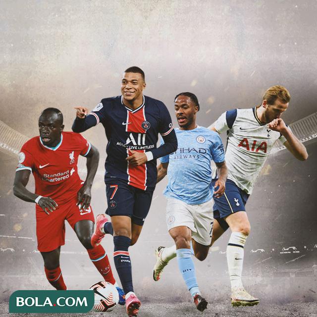 Ilustrasi - Sadio Mane, Kylian Mbappe, Raheem Sterling, Harry Kane