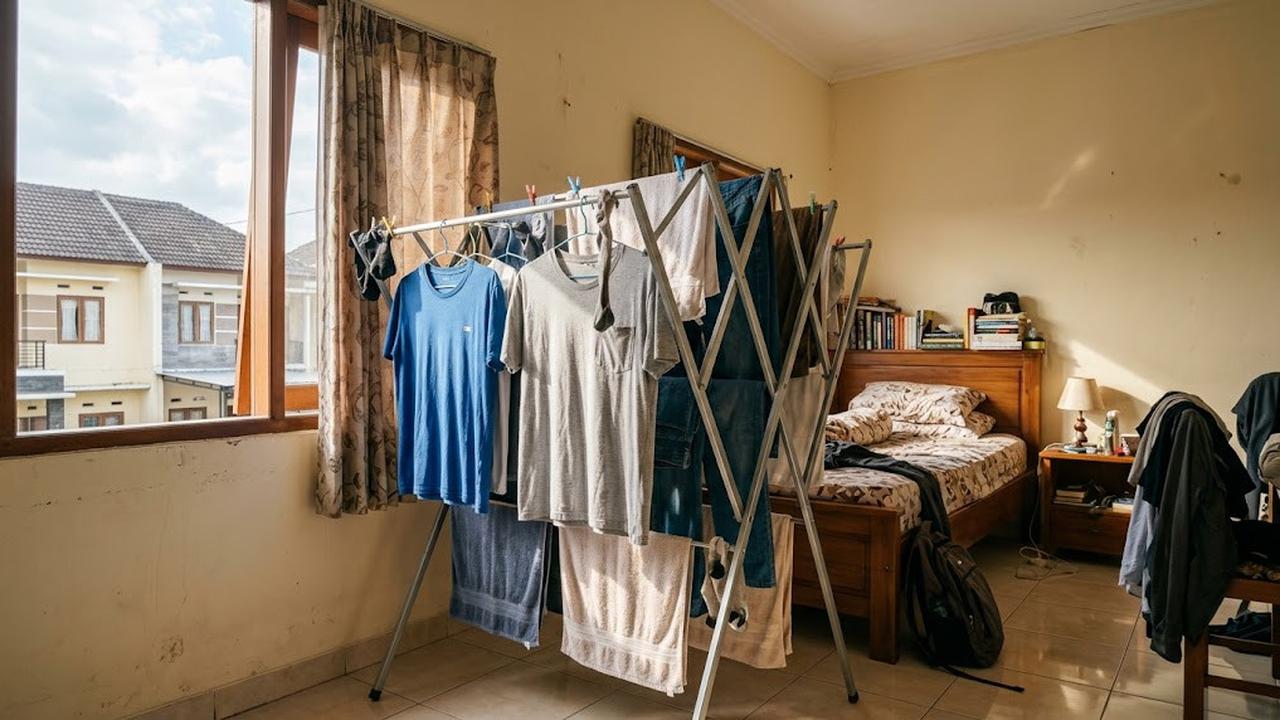 Menjemur pakaian di kamar