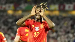 Nico Williams bermain dalam empat laga bersama Spanyol. Dalam 316 menit bermain tersebut, penggawa Athletic Bilbao ini mencetak satu gol dan satu assist bagi Matador. Dengan kecepatan di atas rata-rata, winger 21 tahun itu juga lihai melewati adangan lawan. (AP Photo/Frank Augstein)