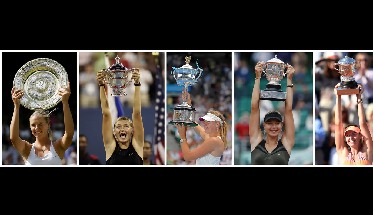 Kombinasi foto menunjukkan petenis Rusia, Maria Sharapova mengangkat sejumlah trofi Wimbledon 2004, AS Terbuka 2006, Australia Terbuka 2008, Prancis Terbuka 2012 dan Prancis Terbuka 2014. (AFP Photo)