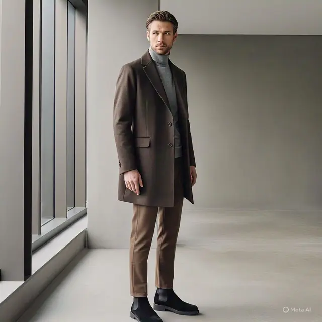 Celana Slim-Fit Coklat dengan Turtleneck