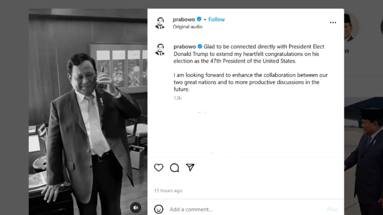 Momen Presiden RI Prabowo Subianto dan Presiden Amerika Serikat (AS) terpilih Donald Trump melakukan obrolan langsung via telepon di akun Instagram Prabowo @prabowo.
