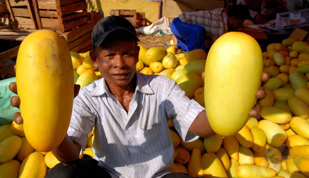 Harga satu buah timun suri dijual kepada konsumen Rp15.000 untuk ukuran besar dan Rp5.000 untuk ukuran kecil, Jakarta, Selasa (1/7/14). (Liputan6.com/Miftahul Hayat)