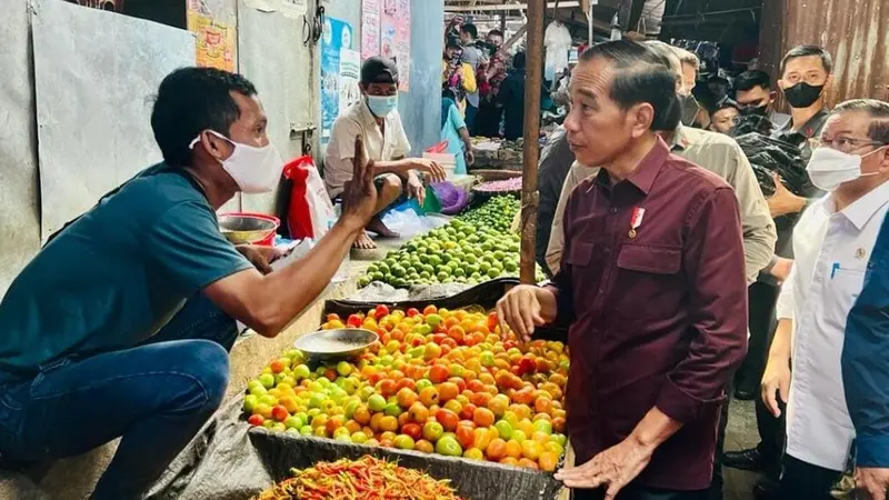 Presiden Joko Widodo saat mengecek harga bahan pokok di Pasar Airmadidi, Kabupaten Minahasa Utara, Kamis (19/1/2023).
