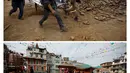 Gambar kombinasi menunjukkan orang membawa korban gempa pada 25 April 2015 (atas) dan pedagang menjual bunga di tempat yang sama pasca gempa dahsyat yang menewaskan lebih dari 8.000 orang di Kathmandu, Nepal, 16 Februari 2016. (REUTERS/Navesh Chitrakar)