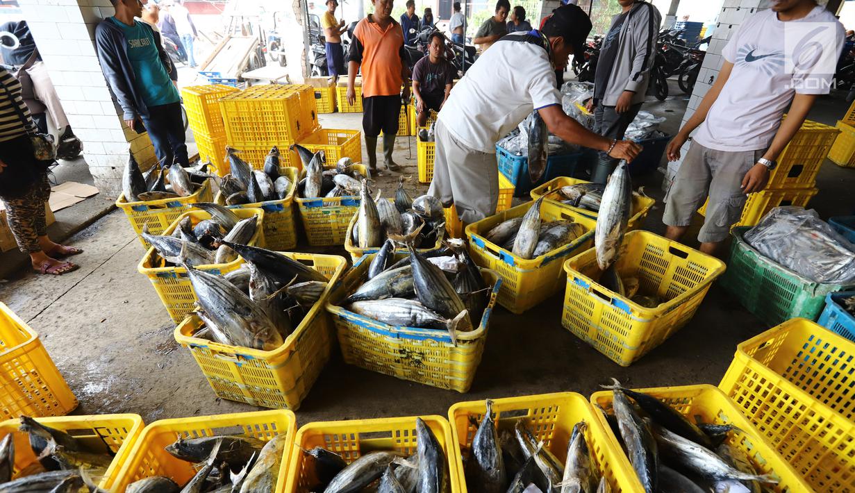 Nelayan memindahkan ikan laut hasil tangkapan di Pelabuhan Muara Angke, Jakarta, Kamis (26/10). Menurut Kementerian Kelautan dan Perikanan (KKP), ekspor produk perikanan tercatat sebanyak 510.050 ton pada semester I-2018. (Liputan6.com/Angga Yuniar)