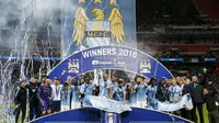 Pemain Manchester City merayakan gelar Piala Liga Inggris di Stadion Wembley, London, Senin (29/2/2016) dini hari WIB. (Action Images via Reuters/Paul Childs)