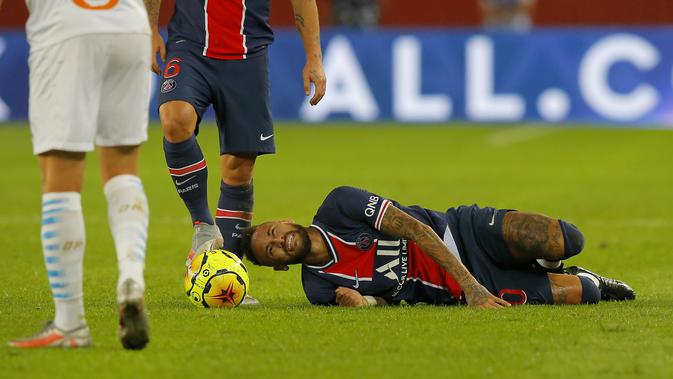 Aksi Neymar selama pertandingan sepak bola Liga Satu Prancis antara Paris Saint-Germain dan Marseille di Parc des Princes di Paris, Prancis, Minggu, 13 September 2020. (Foto AP / Michel Euler)