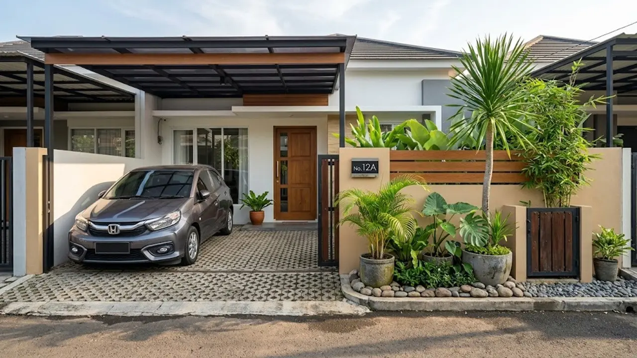 Desain Halaman Depan 3x4 Meter dengan Carport dan Taman Mini