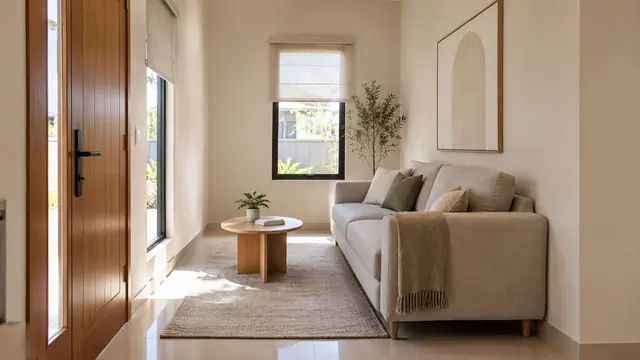 Model Ruang Tamu dengan Sofa Tepat Berhadapan dengan Pintu