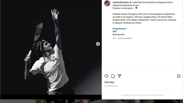 Unggahan Marsha Timothy soal Roger Federer pensiun. (Foto: Dok. Instagram @marshatimothy)