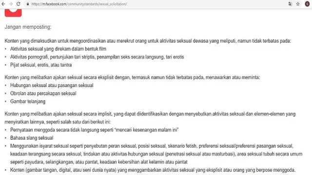 Standar komunitas Facebook yang terkait dengan konten seksual