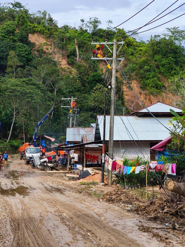 Petugas PLN sedang memperbaiki konstruksi jaringan listrik di Desa Lubuk Sibuk, Kuala Simpang, Aceh Tamiang.