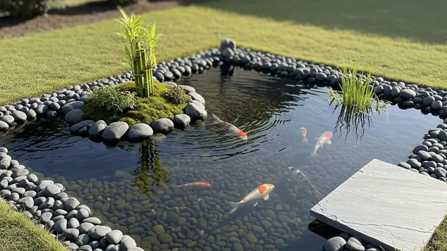 Ide Halaman Belakang Rumah dengan Kolam Ikan Kecil Alami (AI)