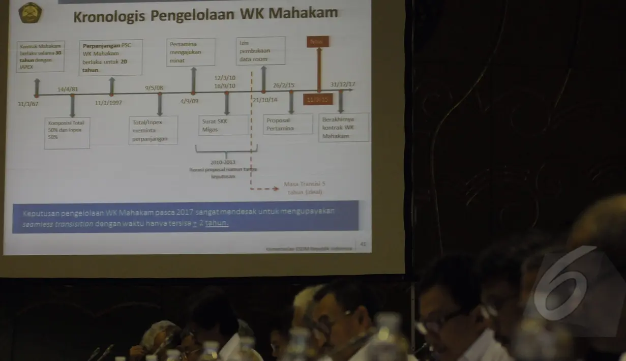 Sebuah slide ditampilkan saat rapat kerja antara Komisi VII DPR RI dengan Kementerian ESDM, Jakarta, Rabu (08/04/2015). Rapat tersebut diantaranya membahas kenaikan harga BBM, listrik, gas, serta pengelolaan blok Mahakam. (Liputan6.com/Andrian M Tunay)