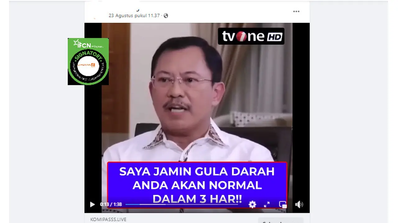 Tangkapan layar klaim video Dokter Terawan promosikan temuan obat diabetes