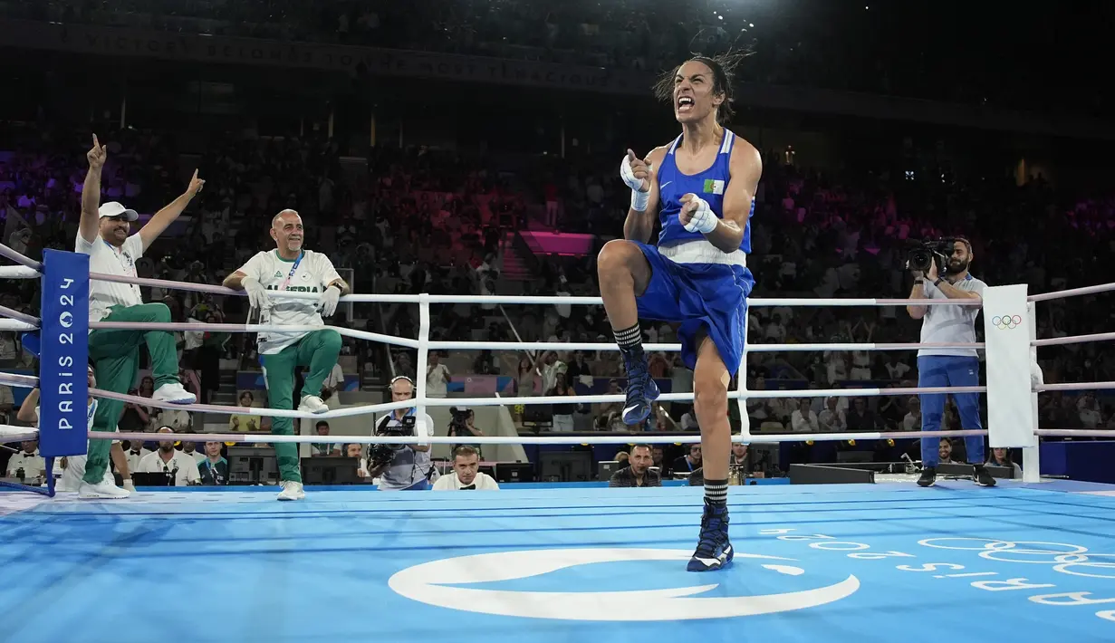 Khelif berpeluang menjadi petinju Aljazair pertama yang memenangkan medali emas Olimpiade.  (AP Photo/John Locher)