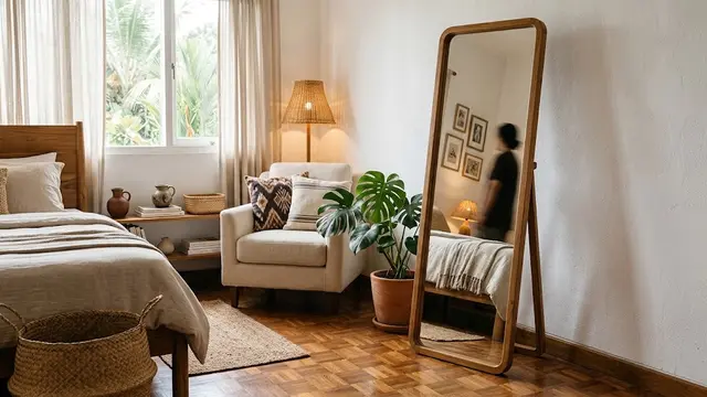 Standing mirror untuk tampilan rumah estetik dan kekinian model bingkai kayu