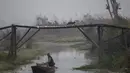 Seekor kucing melintasi jembatan pejalan kaki saat seorang pria Kashmir mendayung perahu membawa sayuran setelah membelinya dari pasar sayur terapung di Danau Dal di Srinagar, Kashmir yang dikendalikan India (18/10/2020). (AP Photo/Dar Yasin)