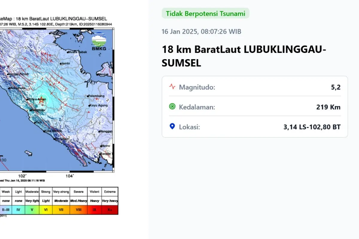 Gempa pertama pada hari ini, Kamis (16/1/2025) menggetarkan pagi tadi pukul 08:07:26 WIB di wilayah Lubuklinggau, Provinsi Sumatera Selatan (Sumsel).