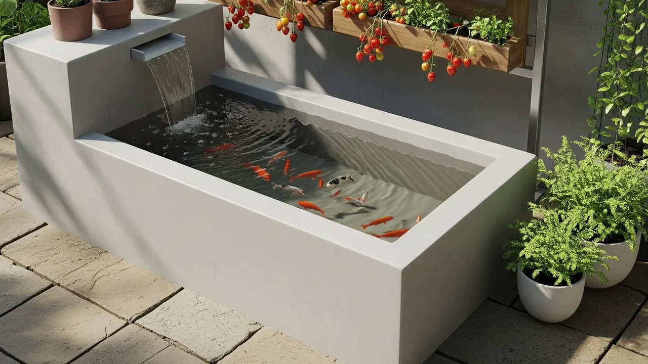 Kolam Ikan Semen Mini dengan Kebun Sayur Vertikal (Gemini AI)