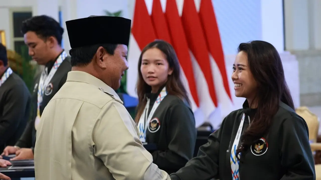 Presiden Prabowo Subianto dalam acara pemberian penghargaan atlet Sea Games ke-33 Thailand Tahun 2025 di Istana Negara Jakarta, Kamis (8/1/2026).