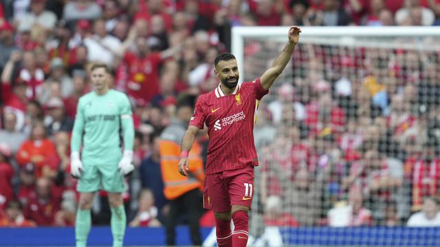Selebrasi Mohamed Salah di laga Liverpool vs Crystal Palace di Anfield, Minggu (25/05/2025). (AP/Jon Super)