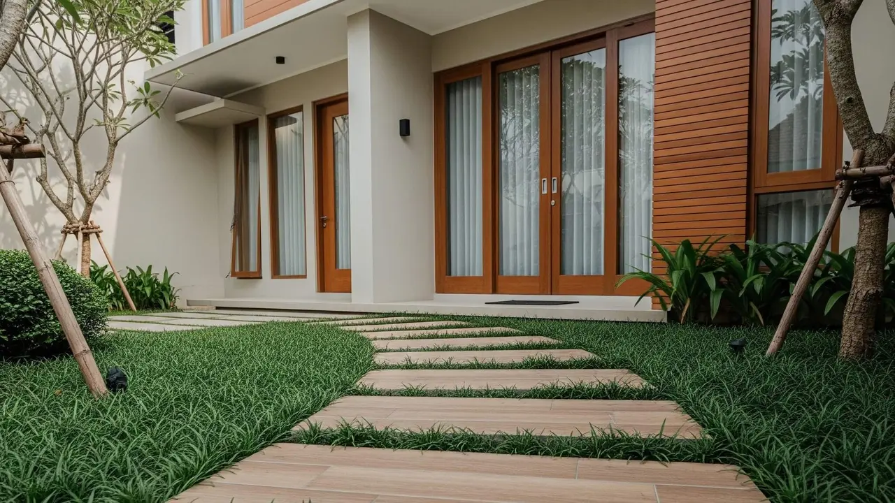 Inspirasi Jalan Setapak dengan Rumput Gajah Mini untuk Taman Minimalis