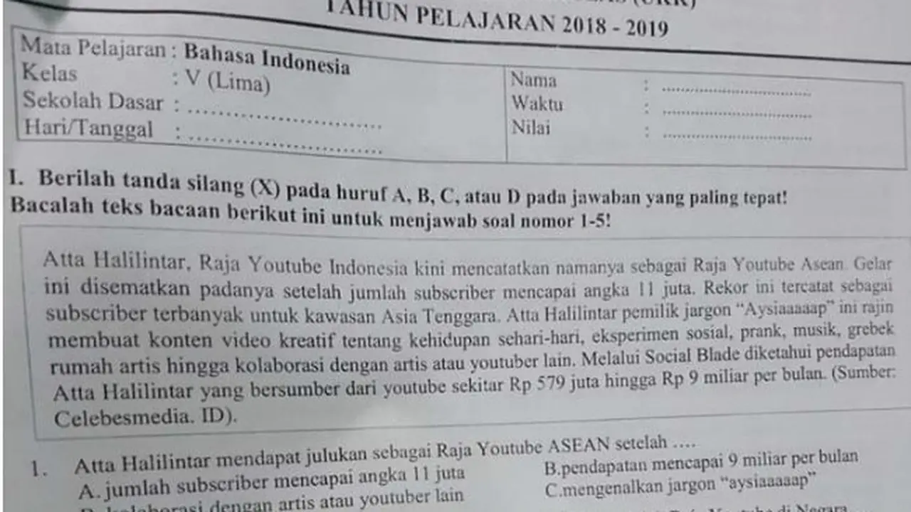 Ketika Atta Halilintar Masuk Soal Ujian SD di Serang