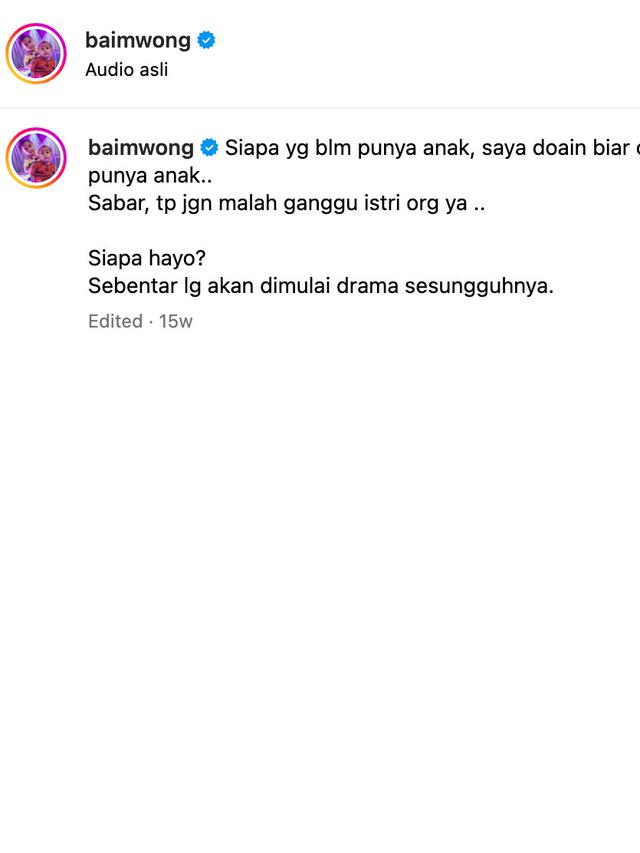 Unggahan Baim Wong. (Foto: Dok. Instagram @baimwong)