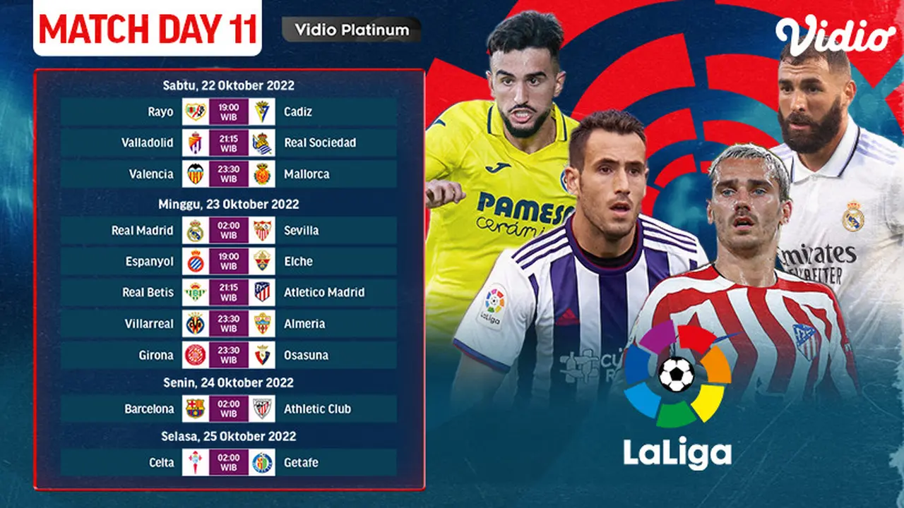 Dapatkan Link Live Streaming La Liga Spanyol 2022/23 Week 11 Live Vidio 22-25 Oktober : Ada 10 Laga Seru