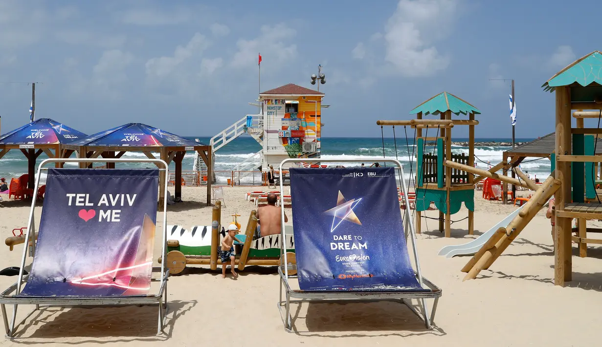 Gambar pada 7 Mei 2019 menunjukkan pemandangan pantai yang ada di Tel Aviv. Israel akan menjadi tuan rumah kontes lagu Eropa Eurovision 2019 yang bakal digelar 18 Mei mendatang  setelah negara itu memenangkan kontes pada 2018 di Lisboa, Portugal. (Photo by JACK GUEZ / AFP)