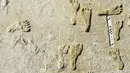 Foto tak bertanggal yang dirilis pada September 2021 menunjukkan fosil jejak kaki manusia di White Sands National Park di New Mexico. Jejak kaki pertama ditemukan di dasar danau kering di Taman Nasional White Sands pada tahun 2009. (National Park Service and Bournemouth University via AP)