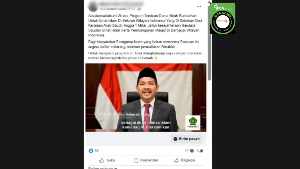 Cek Fakta Liputan6.com mendapati klaim video Dirjen Bimas Islam Kemenag umumkan bantuan dana hibah Ramadan
