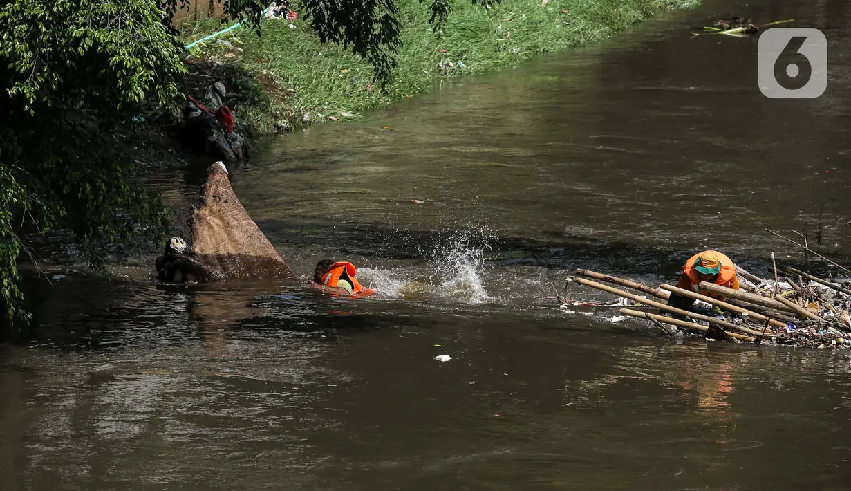 Petugas PPSU membersihkan sampah yang tersangkut di tengah derasnya aliran Kali Ciliwung, Jakarta, Rabu (19/5/2021). Pembersihan tersebut dimaksudkan agar tidak ada penumpukan sampah dan sedimentasi saluran di sepanjang Kali Ciliwung. (Liputan6.com/Faizal Fanani)